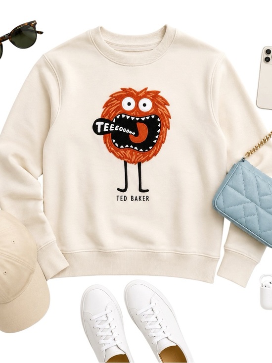 Ted Baker Tops - Ted Baker Cream Monster Graphic Sweatshirt Cotton Crewneck Embroidered Size 2